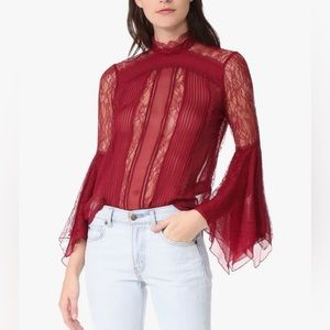 Alice + Olivia Ivy High Neck Handkerchief Sleeve Blouse, Red Lace Size 4